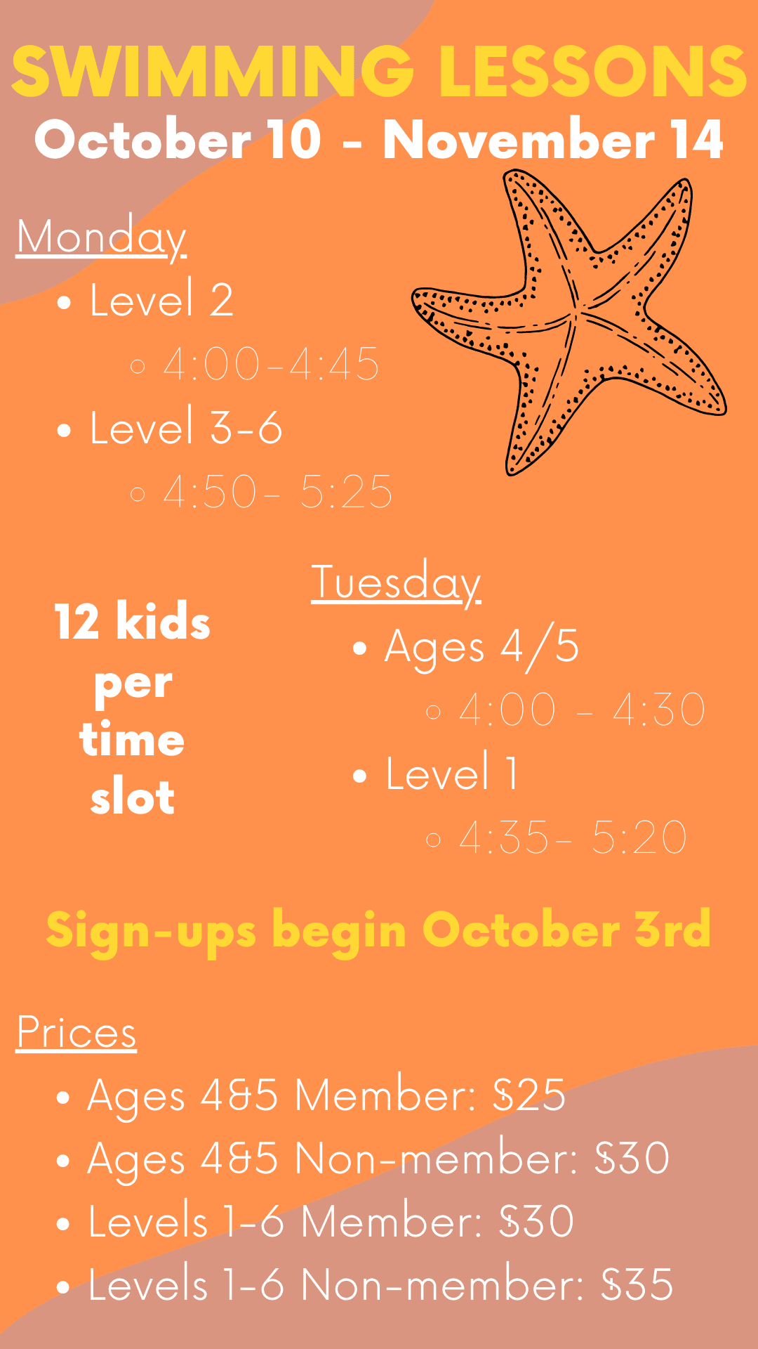 Swimming Lessons Oct 10 - Nov 14